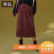 森宿松紧腰皮质半身裙女冬装2018新款红色复古中长款A字裙皮裙子图片