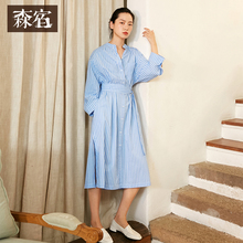 蓝色条纹连衣裙女秋装2018新款韩版收腰宽松中长款气质长袖裙子图片