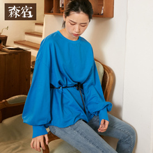 蓝色时尚圆领卫衣女秋装2018新款chic纯棉宽松抽绳收腰套头上衣图片