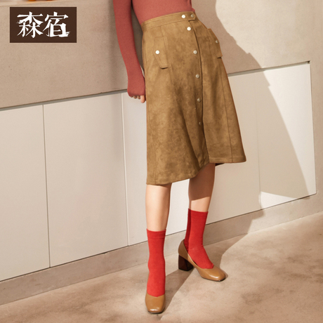 森宿Y麂皮绒排扣半身裙女冬装2018新款纯色中长款过膝宽松半裙子商品大图