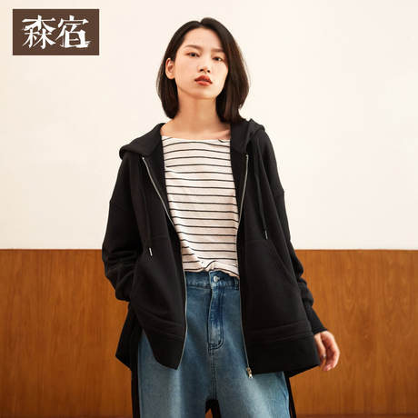 森宿Y春秋2018新款侧开叉前短后长黑色慵懒风薄款连帽开衫卫衣女商品大图