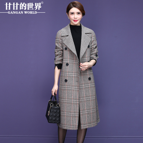 【80%羊毛】甘甘的世界2018秋冬新款西装领格纹毛呢大衣中长款女商品大图