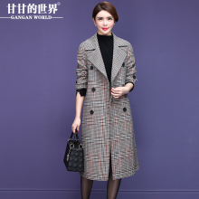 【80%羊毛】甘甘的世界2018秋冬新款西装领格纹毛呢大衣中长款女图片