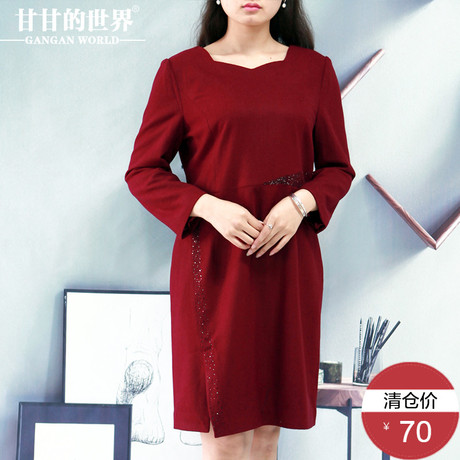 毛呢连衣裙女2017秋装新款甘甘的世界韩版V领九分袖镶钻中长裙女商品大图