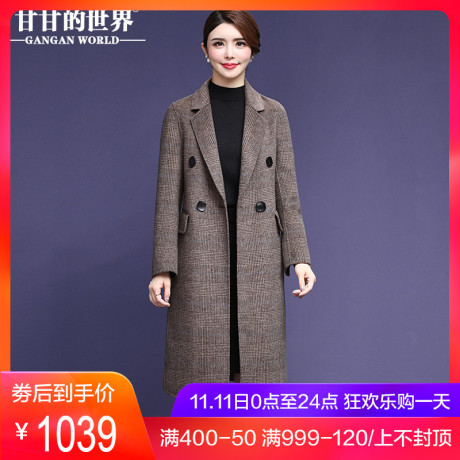 【全羊毛】甘甘的世界2018秋冬新款西装翻领格纹双面呢大衣中长女商品大图