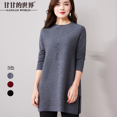 甘甘的世界2018秋冬新款宽松针织衫长袖打底衫套头圆领中长款女装商品大图