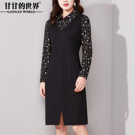 甘甘的世界2018春装新品假两件连衣裙印花长袖翻领显瘦连衣裙女装商品大图
