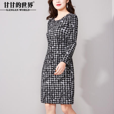 甘甘的世界2018春装新款韩版修身显瘦时尚千鸟格中长款连衣裙子女商品大图