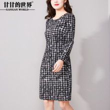甘甘的世界2018春装新款韩版修身显瘦时尚千鸟格中长款连衣裙子女图片
