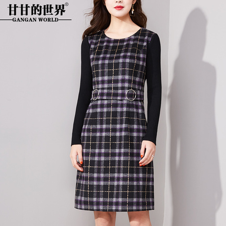 甘甘的世界2018春装新款拼接毛织袖收腰显瘦H型单连衣裙中年女士商品大图