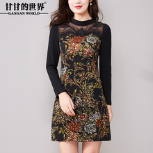 蕾丝连衣裙2018秋装新款甘甘的世界中年女士妈妈装印花打底裙D图片