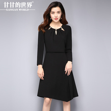 纯色圆领九分袖连衣裙中长款2017秋季新款甘甘的世界韩版A字裙女Q图片