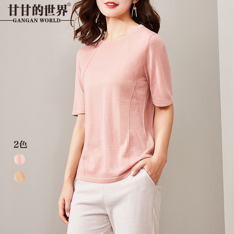 甘甘的世界2018新款夏装宽松短袖圆领T恤女羊毛针织衫短款上衣D商品大图