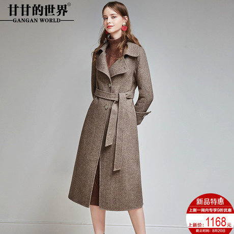 甘甘的世界2018秋冬新款毛呢外套女格子长袖宽松中长款双面呢大衣商品大图