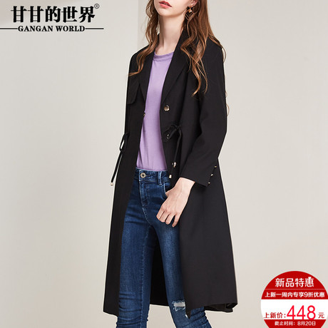 甘甘的世界2018秋季新款中长款韩版抽绳风衣女单排扣显瘦外套商品大图