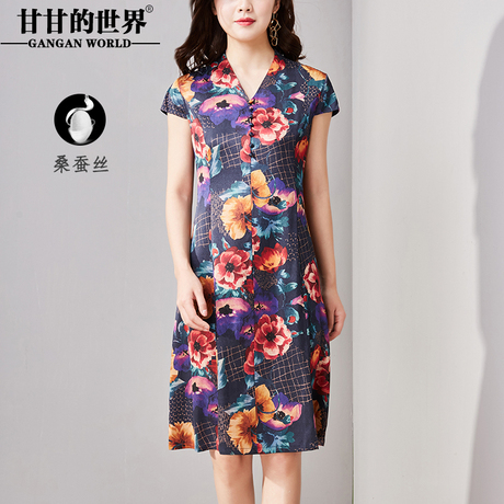 D真丝印花连衣裙时尚V领高腰显瘦2018新款甘甘的世界桑蚕丝女裙子商品大图