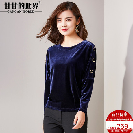 上衣女甘甘的世界2018秋装新款金丝绒长袖休闲衬衫蝙蝠袖T恤衫商品大图