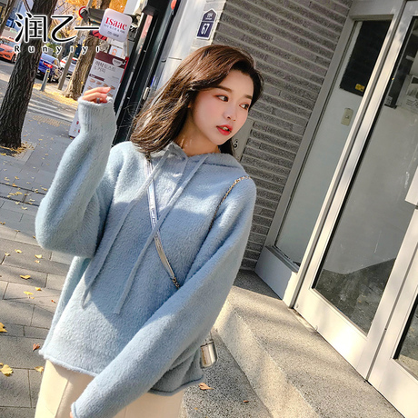 润乙一连帽宽松加厚套头毛衣女短款2018冬装新款仿貂绒打底针织衫商品大图