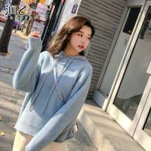 润乙一连帽宽松加厚套头毛衣女短款2018冬装新款仿貂绒打底针织衫图片