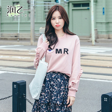 润乙一秋装新粉色圆领短款长袖chic卫衣女秋休闲外套图片