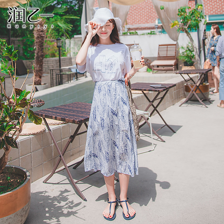润乙一不规则印花半身裙女2018夏装新款中长款ins高腰显瘦A字裙子商品大图