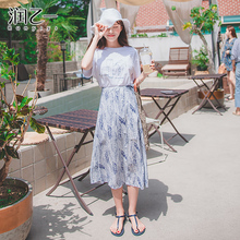 润乙一不规则印花半身裙女2018夏装新款中长款ins高腰显瘦A字裙子图片