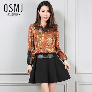 欧诗曼锦2018秋新款中年女装时尚蕾丝拼接印花连衣裙F18AL297