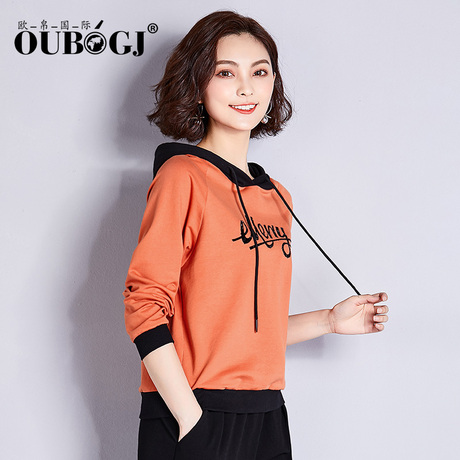 OUBOGJ连帽卫衣女宽松上衣2018秋装新款韩版潮流字母t恤长袖女装商品大图