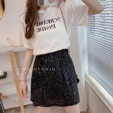 韩国夏季新款 松紧腰bling半裙二件套时尚 闪闪字母t恤 miss 休闲