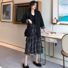 初春新款韩版女装套装chic格子拼接复古休闲小西装网红外套女春秋