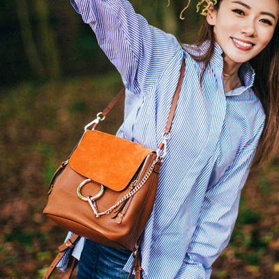 黛美人2018秋冬新款欧美时尚牛皮Faye圆环双肩包女包两用单肩斜挎