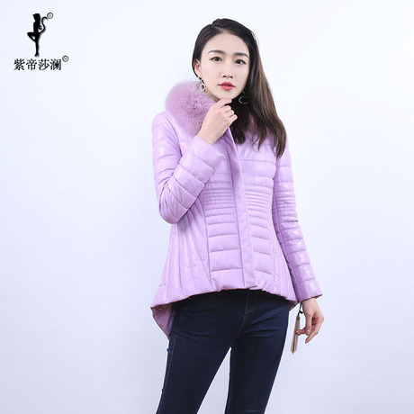 紫帝莎澜女装2018新款狐狸毛领绵羊皮羽绒小摆短款外套PYR80401T商品大图