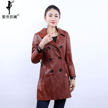 紫帝莎澜女装2018西服领绵羊皮单皮衣休闲韩版中长款外套58030图片