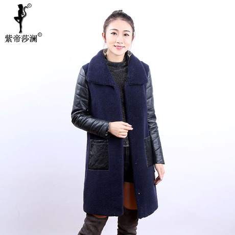 紫帝莎澜女装2018款立领羊毛皮毛一体绵羊皮羽绒长外套PMYT80430T商品大图