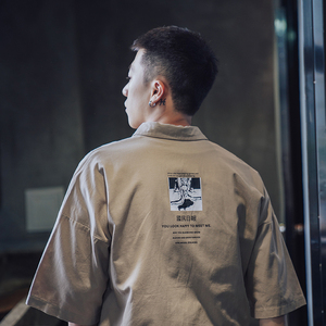 第四十九天夏季复古工装风印花短袖衬衫男士潮流半袖宽松中袖衬衣