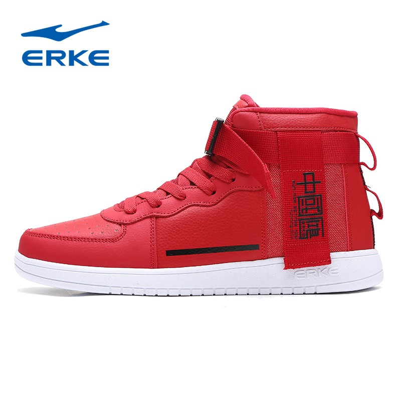 ERKE Genuine Men's Shoes High top Board Shoes Red leather upper Autumn and Winter Youth Fashion Anti slip Wear resistant Sports Shoes