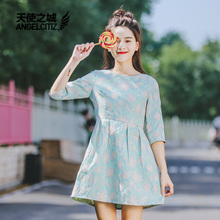 天使之城2018花色圆领漏洞收腰短裙中袖连衣裙女62170513图片