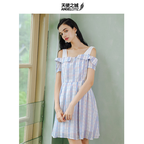 天使之城新款吊带裙女夏格纹连衣裙小清新裙子a字裙商品大图