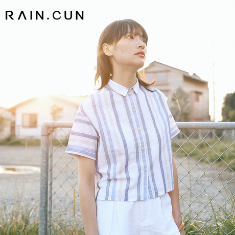 然与纯2018夏装新款条纹衬衫女短袖休闲学生前短后长衬衣上衣短款商品大图