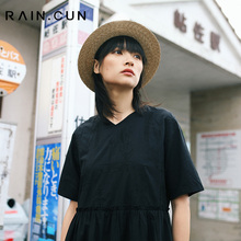 然与纯2018夏装新款黑色连衣裙女短袖v领宽松a字裙休闲学生连衣裙图片