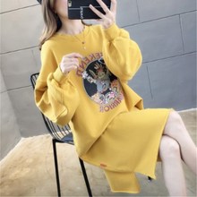 大码卫衣女2019秋冬新款中长款开叉打底宽松薄款休闲圆领连衣裙潮