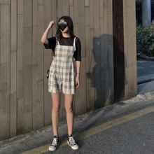 RAIFOO 2019夏季新品背带裤女韩版宽松薄款高腰格子休闲连体短裤