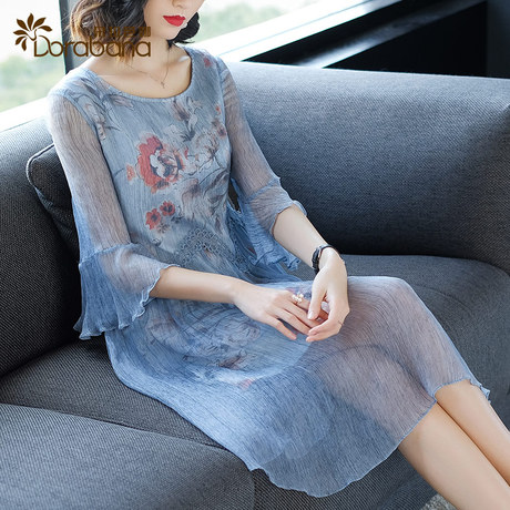 Dorabana/朵拉芭娜清仓2018夏季新款印花真丝连衣裙商品大图