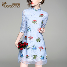 朵拉芭娜2018新款女优雅复古蕾丝欧根纱刺绣宽松改良旗袍连衣裙子图片