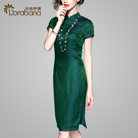绿色旗袍夏季2018新款女朵拉芭娜复古中国风立领短袖气质连衣裙子商品大图