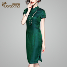 绿色旗袍夏季2018新款女朵拉芭娜复古中国风立领短袖气质连衣裙子图片
