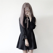 气质高腰显瘦少女学生裙甜美 新款 连衣裙秋装 小清新蝴蝶结系带长袖