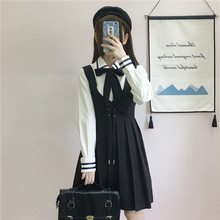 高腰百褶背心连衣裙两件套 甜美小清新学院风少女蝴蝶结系带衬衫