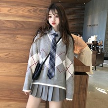 百褶半身裙学生套装 少女甜美学院风V领宽松毛衣外套 衬衣配领带