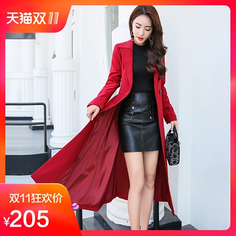 2018新款春秋季港风英伦气质翻领收腰修身长款红过膝风衣女装外套商品大图
